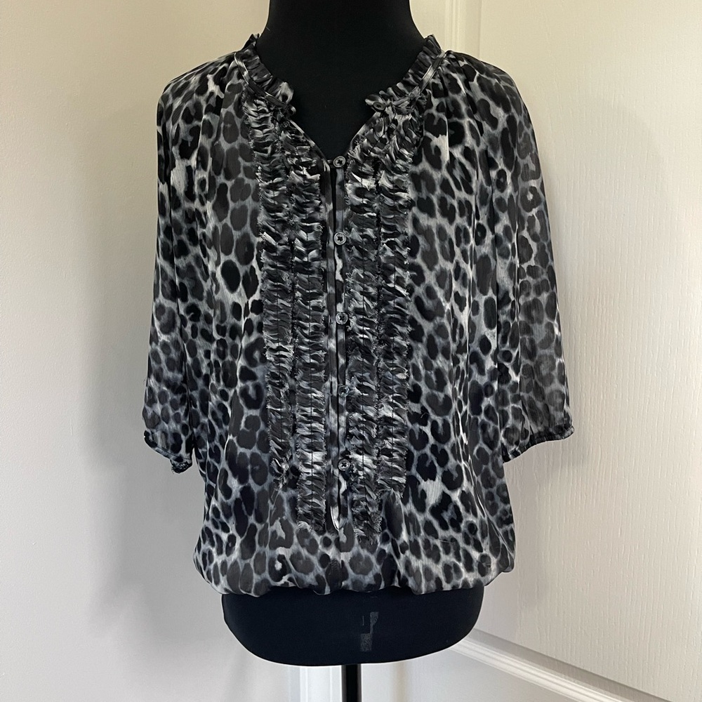 Express Women's XS Gray Leopard Print Ruffle Sheer Blouse 3/4 Sleeve (#280)